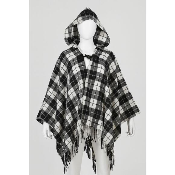 Black White Plaid Hooded Poncho Cape Toggle Closure Fringe Cozy Wrap cottage - Picture 1 of 9